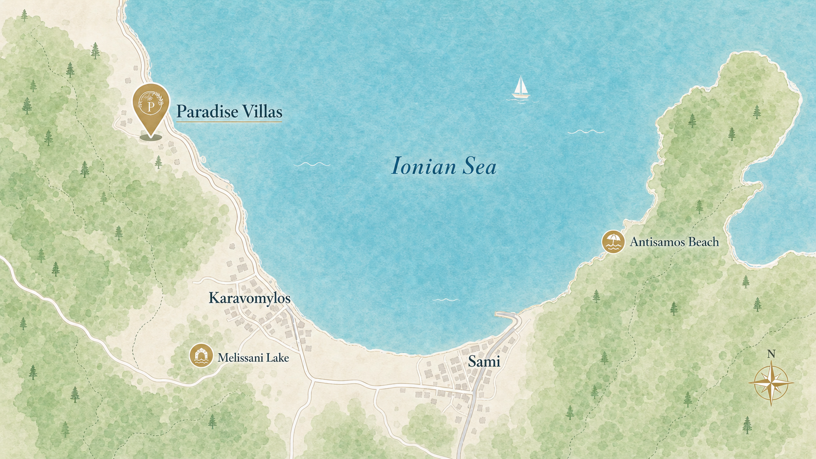 Illustrated map showing Paradise Villas near Sami, Agia Paraskevi and Karavomylos